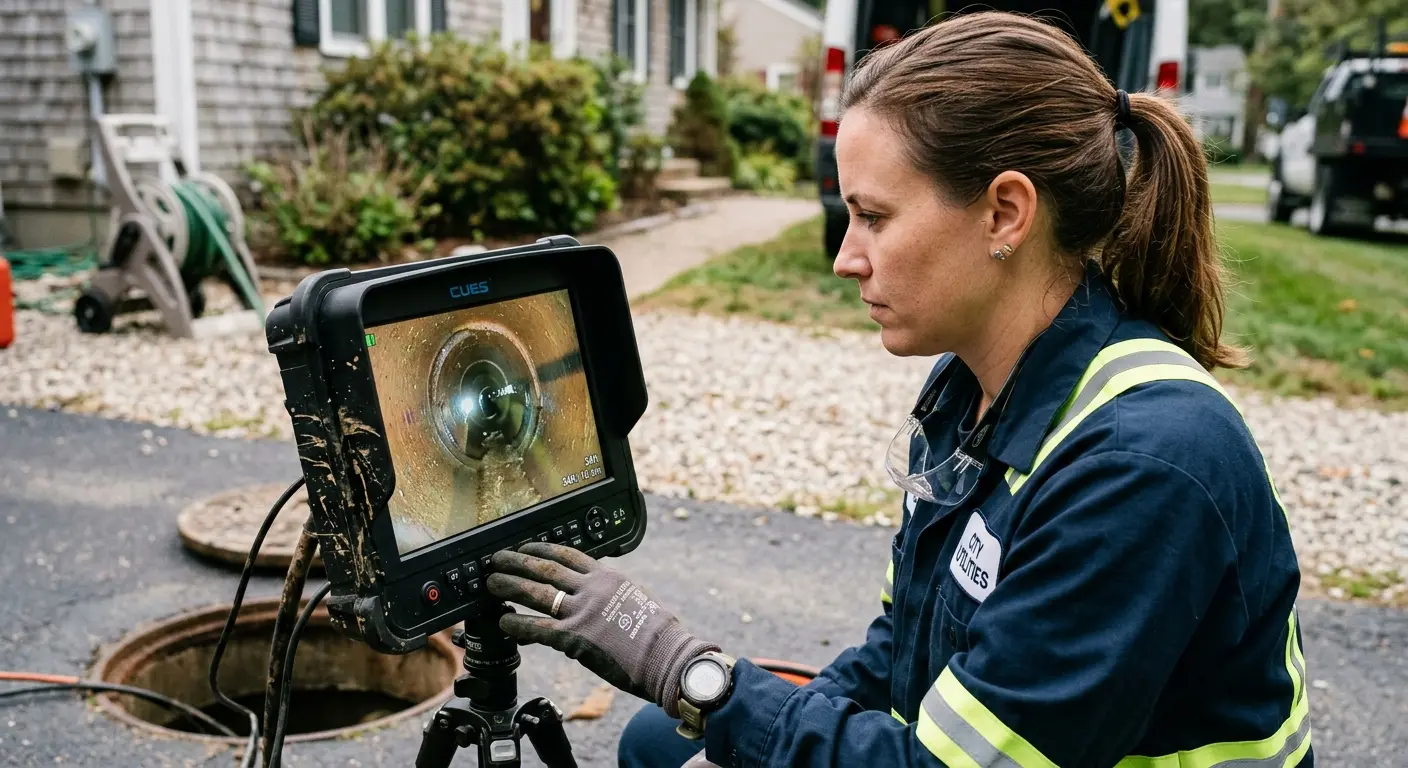 Technician reviewing sewer camera inspection footage in Aiea