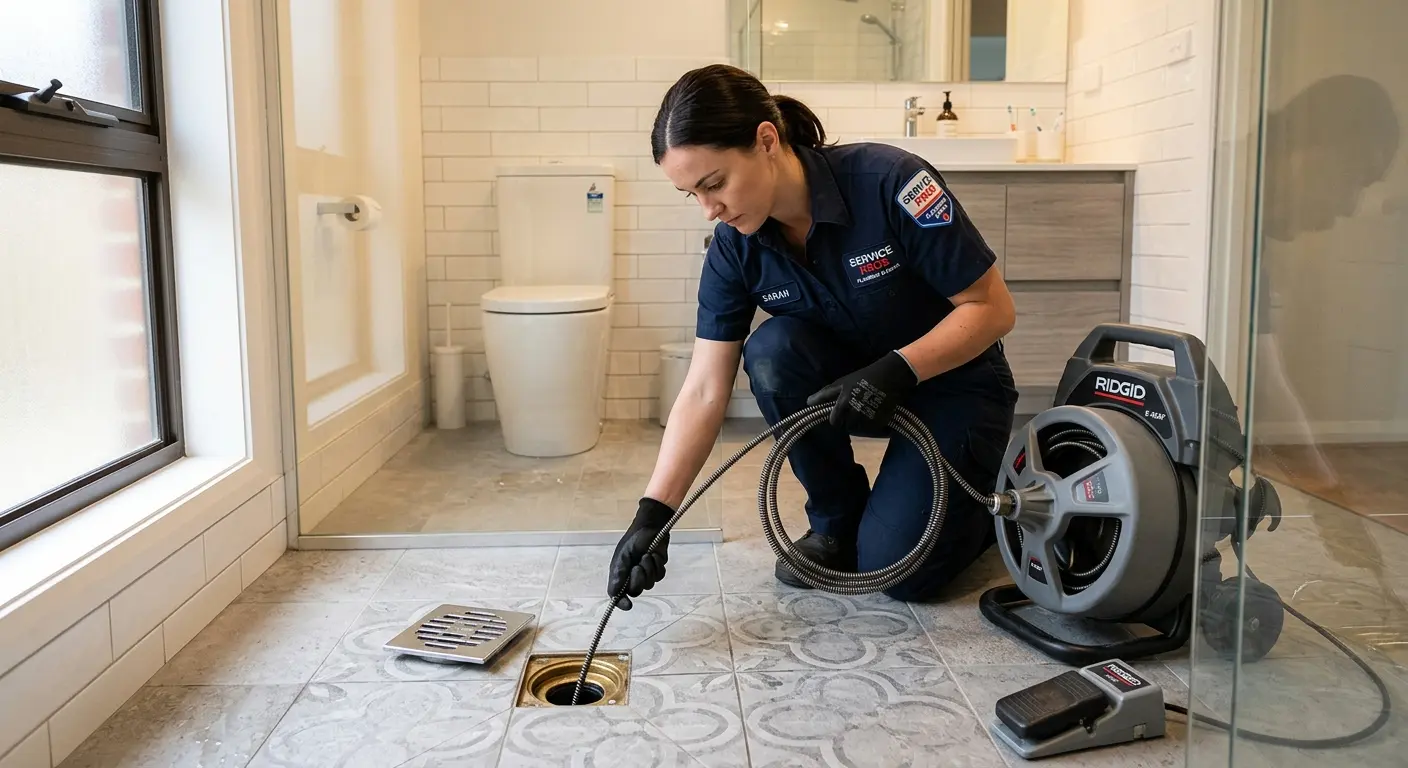 Technician clearing a bathroom floor drain for Sewer Line Installation in Aiea